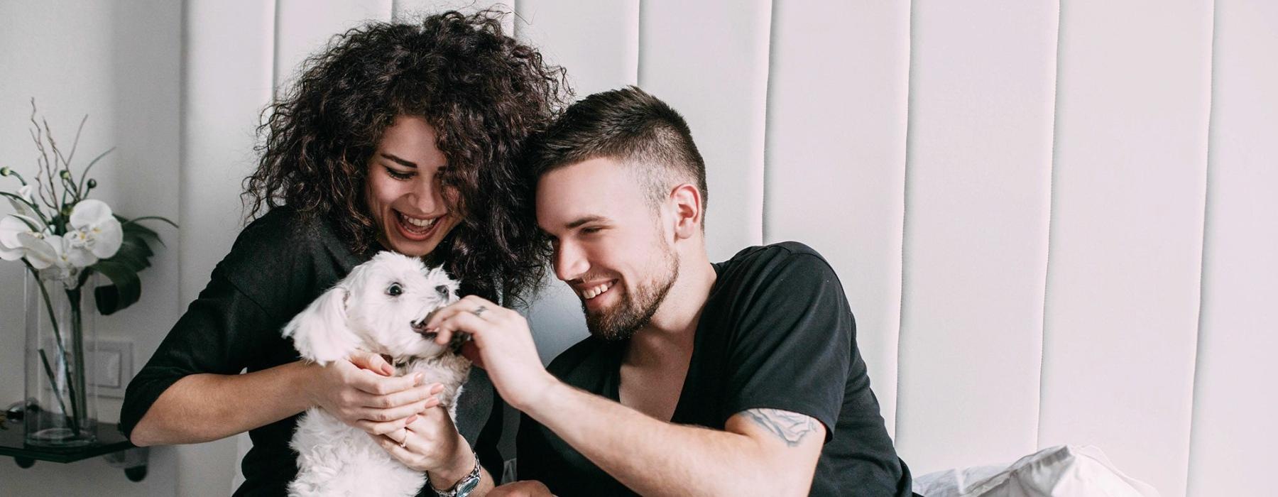 a man and woman sitting on a bed playing with a dog